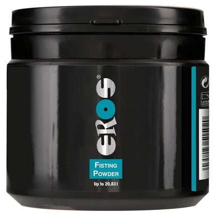 Schwarzer zylindrischer behälter mit glossy finish und teal silberner markenkennzeichnung für eros fisting pulver 250 g liter schmierstoff