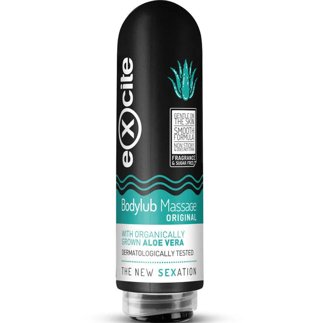 Schwarze und türkisfarbene zylindrische flasche excite bodylub massage original mit aloe vera aus vera de cultivo 200 ml