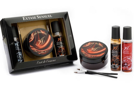 Schwarzes und goldenes extase sensuel aphrodisiakum schokoladen truhe kit mit flaschen, tiegeln und pinseln