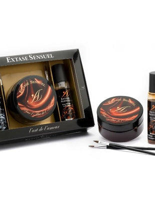 Schwarzes und goldenes extase sensuel aphrodisiakum schokoladen truhe kit mit flaschen, tiegeln und pinseln