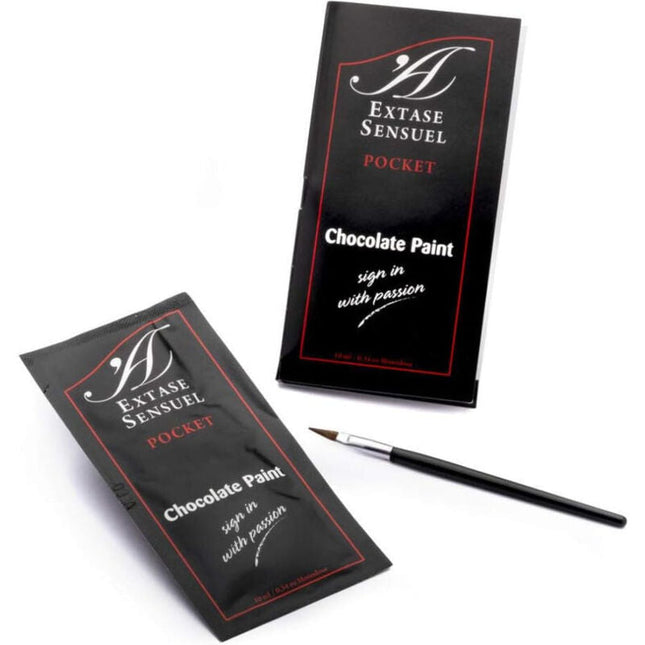 Extase sensual bodypaint schokolade 10 ml schwarze pocket-packs mit rotem rand und silberner schrift mit feiner pinselspitze