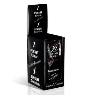 Schwarze rechteckige box mit weißem text und sichtfenster zeigt extase sensual bodypaint schokolade 10 ml mit schokoriegel