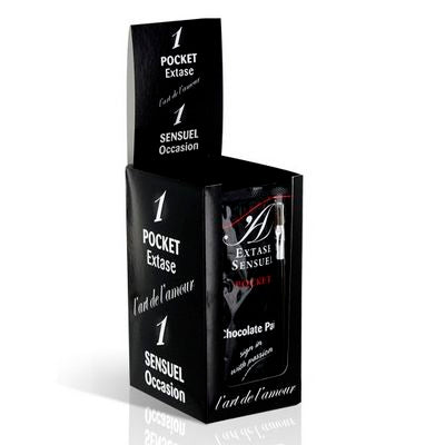 Schwarze rechteckige box mit weißem text und sichtfenster zeigt extase sensual bodypaint schokolade 10 ml mit schokoriegel