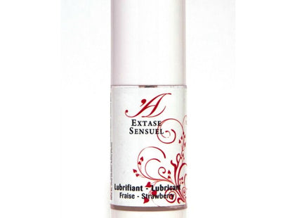 Weiße zylindrische flasche extase sensuel erdbeer schmiermittel mit rotem floralen design und silbernem deckel 30 ml
