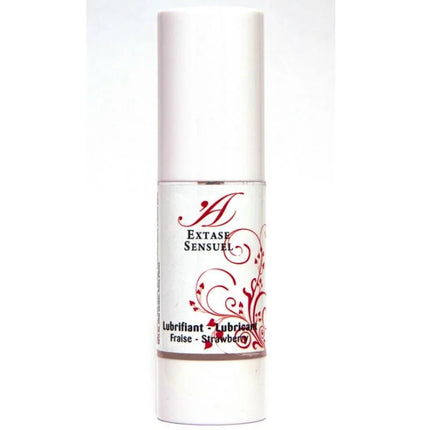Weiße zylindrische flasche extase sensuel erdbeer schmiermittel mit rotem floralen design und silbernem deckel 30 ml