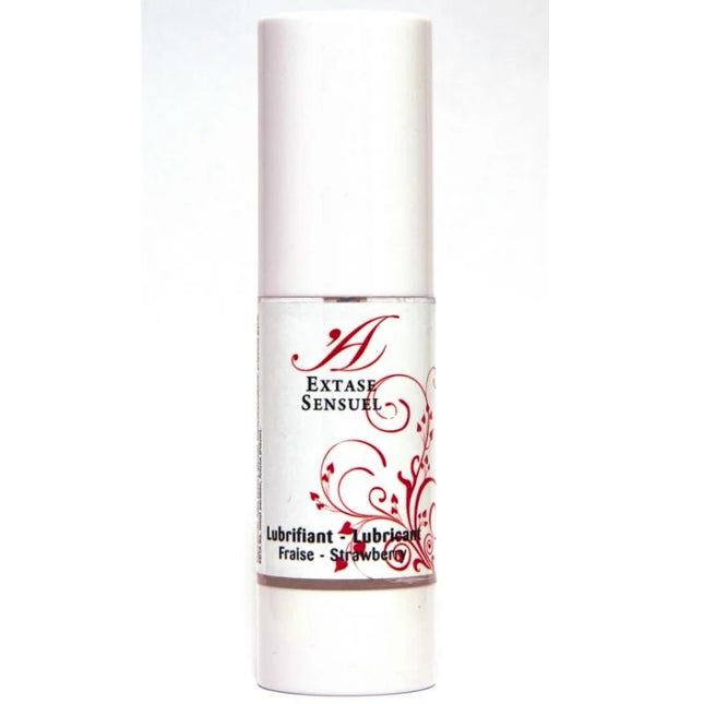 Weiße zylindrische flasche extase sensuel erdbeer schmiermittel mit rotem floralen design und silbernem deckel 30 ml