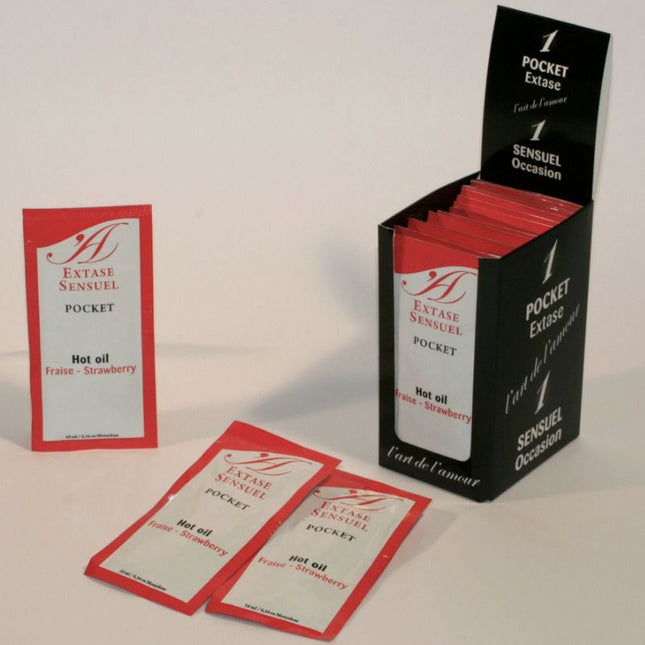 Rote und weiße extase sensuel pocket hot öl sachets in schwarzer box für erdbeer stimulierendes öl 10 ml