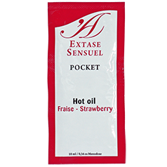 Rote und weiße packung von extase sensuel pocket hot oil erdbeer stimulierendes öl 10 ml