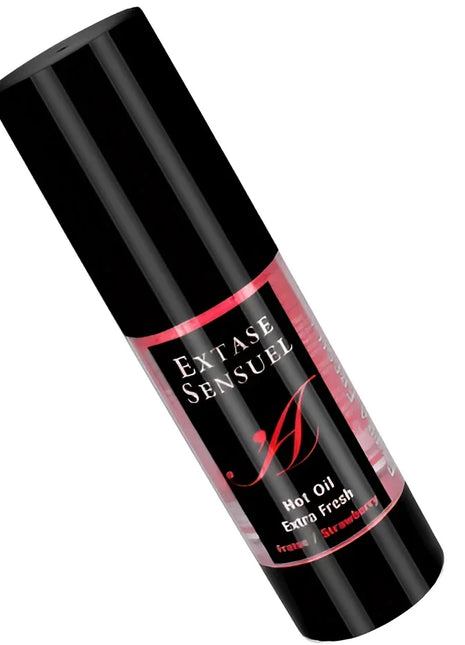 Extase sensuel schwarzer glänzender sprayflasche mit pinkem label hot oil extra fresh duft erdbeer stimulierendes öl 35 ml
