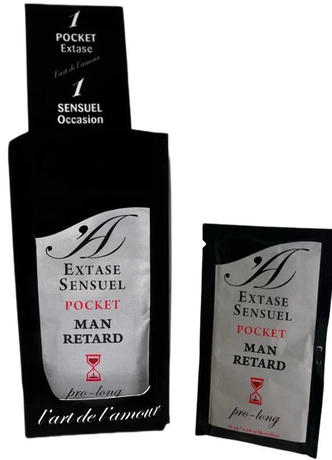 Schwarze taschen mit silberner und roter extase sensuel pocket man retard schrift für 10 ml männliches verzögerungsmittel