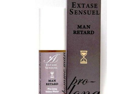 Ein schlanker weißer zylinderflasche mit mattem grauem etikett und goldakzenten zeigt extase sensuel man retard gel