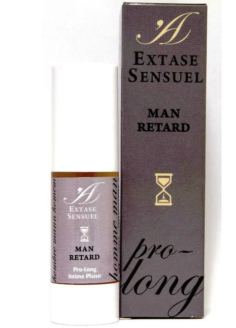 Ein schlanker weißer zylinderflasche mit mattem grauem etikett und goldakzenten zeigt extase sensuel man retard gel