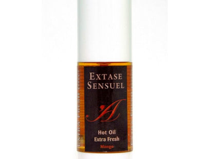 Ein elegantes weißes zylindrisches 30 ml fläschchen extase sensuel mango stimulierendes öl mit dunkelgoldenem etikett