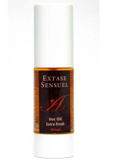 Ein elegantes weißes zylindrisches 30 ml fläschchen extase sensuel mango stimulierendes öl mit dunkelgoldenem etikett
