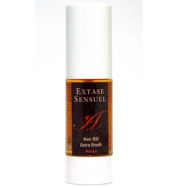Ein elegantes weißes zylindrisches 30 ml fläschchen extase sensuel mango stimulierendes öl mit dunkelgoldenem etikett