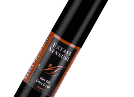 Schwarze zylindrische tube extase sensuel stimulierendes öl 30 ml mit orangefarbenem etikett und mangoduft