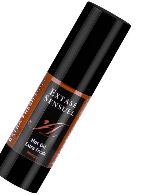 Schwarze zylindrische tube extase sensuel stimulierendes öl 30 ml mit orangefarbenem etikett und mangoduft