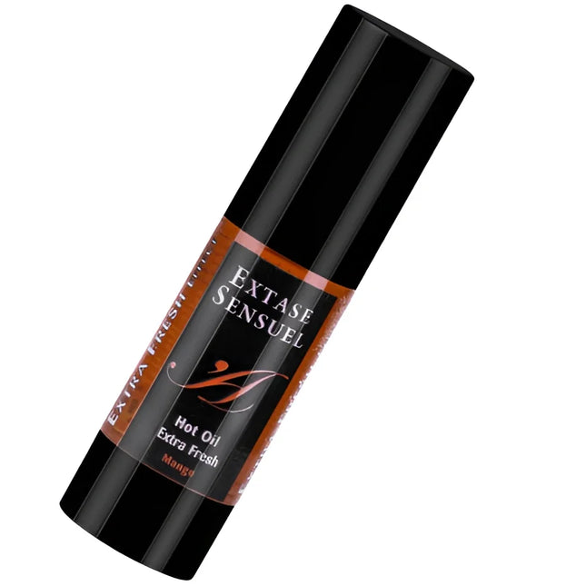Schwarze zylindrische tube extase sensuel stimulierendes öl 30 ml mit orangefarbenem etikett und mangoduft