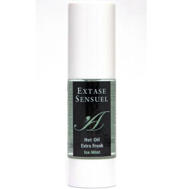 Weiße zylinderförmige flasche extase sensuel massageöl mit eisminze effekt schwarzem etikett und silberverschluss 30 ml
