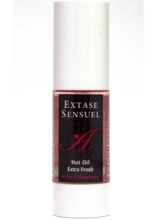 Ein schlanker weißer zylinderflasche extase sensuel massageöl mit extra frischem erdbeerduft 30 ml