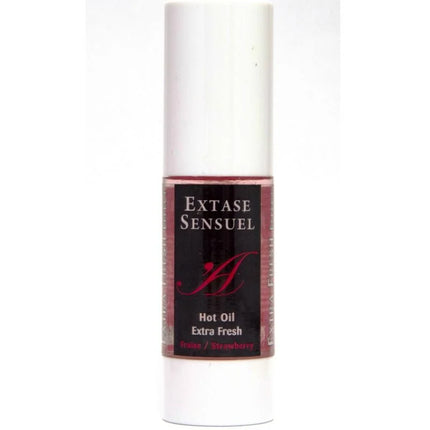 Ein schlanker weißer zylinderflasche extase sensuel massageöl mit extra frischem erdbeerduft 30 ml
