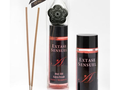 Schwarzer blumenförmiger diffuser mit rosewood sticks und extase sensuel massageöl mit erdbeereffekt 100 ml