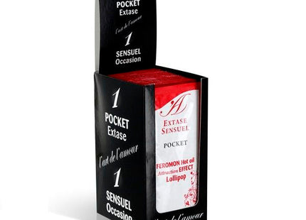 Roter und weißer extase sensuel pheromon lollipop in schwarzer schachtel mit massageöl und wärmeeffect 10 ml