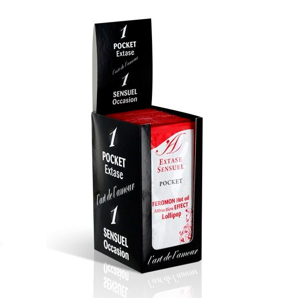 Roter und weißer extase sensuel pheromon lollipop in schwarzer schachtel mit massageöl und wärmeeffect 10 ml