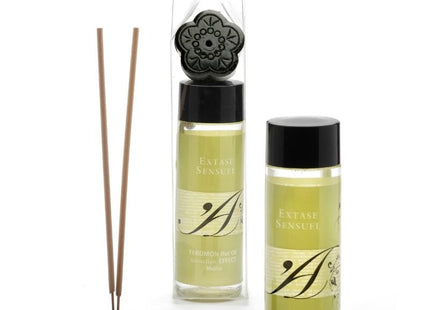 Schwarzer blumenförmiger keramikdiffusor mit passendem ständer und dekorativer kappe sowie zwei flaschen extase sensual mojitopheromon massageöl 100 ml