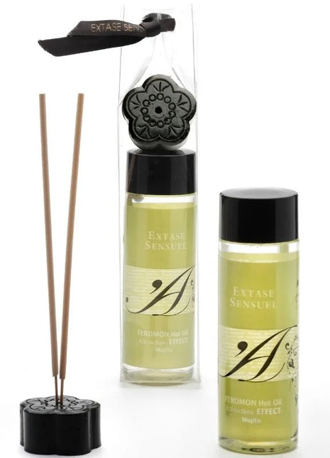 Schwarzer blumenförmiger keramikdiffusor mit passendem ständer und dekorativer kappe sowie zwei flaschen extase sensual mojitopheromon massageöl 100 ml