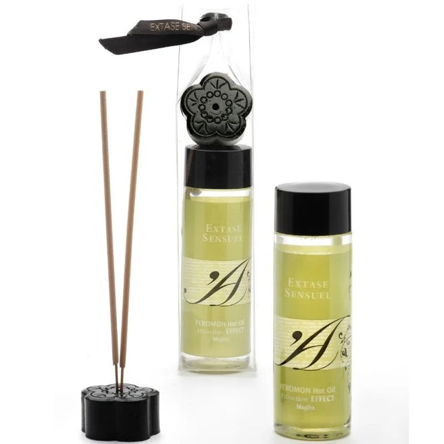 Schwarzer blumenförmiger keramikdiffusor mit passendem ständer und dekorativer kappe sowie zwei flaschen extase sensual mojitopheromon massageöl 100 ml