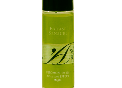 Eine klare glasflasche mit schwarzem verschluss enthält lime-grünes massageöl extase sensual mit wärmeeffekt und mojito pheromonen