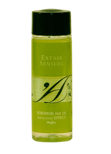 Eine klare glasflasche mit schwarzem verschluss enthält lime-grünes massageöl extase sensual mit wärmeeffekt und mojito pheromonen