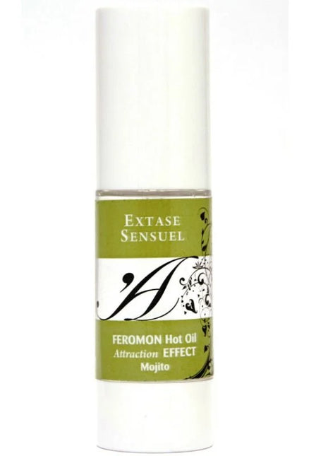 Ein eleganter weißer zylinderflasche extase sensuel massageöl mit wärmeeffekt und mojito pheromonen 30 ml