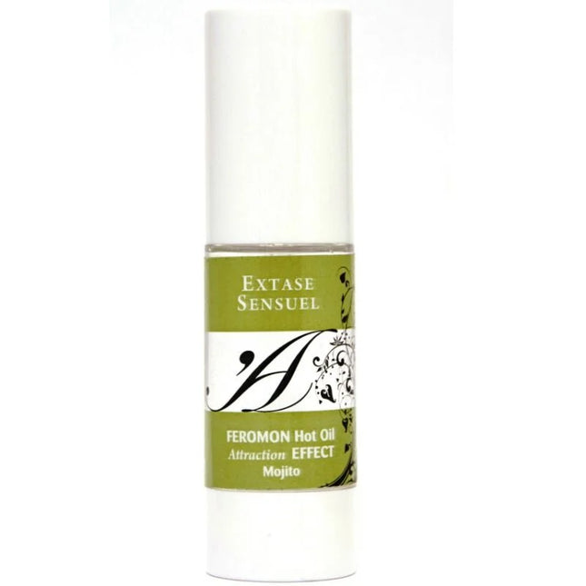 Ein eleganter weißer zylinderflasche extase sensuel massageöl mit wärmeeffekt und mojito pheromonen 30 ml