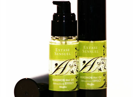 Zwei schwarze pumpflaschen extase sensuel massageöl mit wärmeeffekt und mojito pheromonen mit limettengrünen etiketten