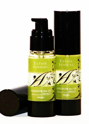 Zwei schwarze pumpflaschen extase sensuel massageöl mit wärmeeffekt und mojito pheromonen mit limettengrünen etiketten