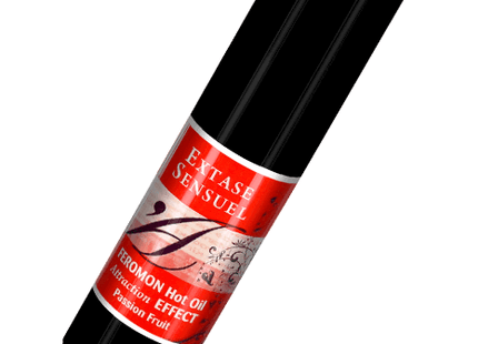 Schwarze zylindrische flasche mit rotem etikett extase sensuel massageöl mit wärmeeffekt und passionsfrucht pheromonen 30 ml