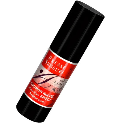 Schwarze zylindrische flasche mit rotem etikett extase sensuel massageöl mit wärmeeffekt und passionsfrucht pheromonen 30 ml