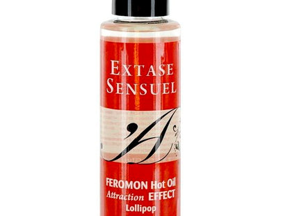 Eine klare flasche mit schwarzem deckel enthält rote etikettierte extase sensuel massageöl mit wärmeeffekt und pirulet pheromonen