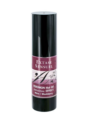 Schwarze zylinderflasche extase sensuel massageöl mit wärmeeffekt und brombeer pheromonen 30 ml mit elegantem etikett
