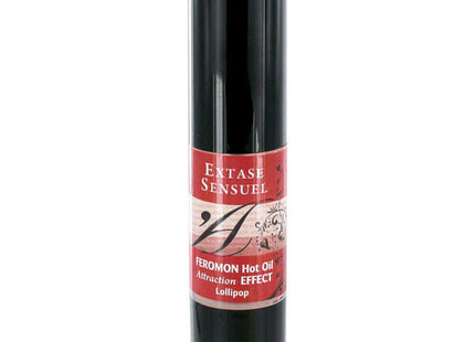 Schwarze zylindrische flasche extase sensuel pheromon massageöl mit wärmeeffekt und stylisiertem a logo 30 ml
