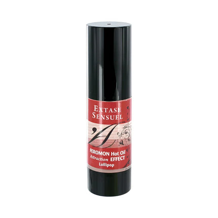 Schwarze zylindrische flasche extase sensuel pheromon massageöl mit wärmeeffekt und stylisiertem a logo 30 ml