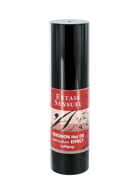Schwarze zylindrische flasche extase sensuel pheromon massageöl mit wärmeeffekt und stylisiertem a logo 30 ml