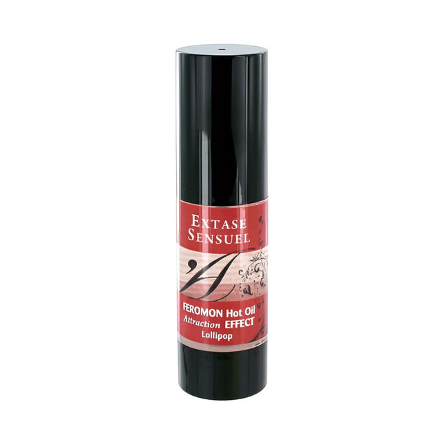Schwarze zylindrische flasche extase sensuel pheromon massageöl mit wärmeeffekt und stylisiertem a logo 30 ml
