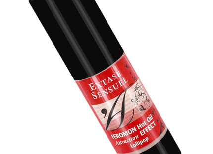 Schwarze zylindrische sprayflasche mit rotem etikett und weißem text extase sensual massageöl mit wärmeeffekt und lollipop pheromonen 30 ml