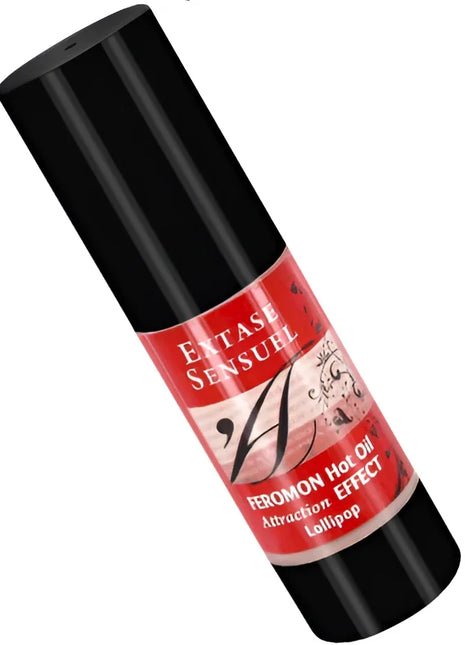 Schwarze zylindrische sprayflasche mit rotem etikett und weißem text extase sensual massageöl mit wärmeeffekt und lollipop pheromonen 30 ml