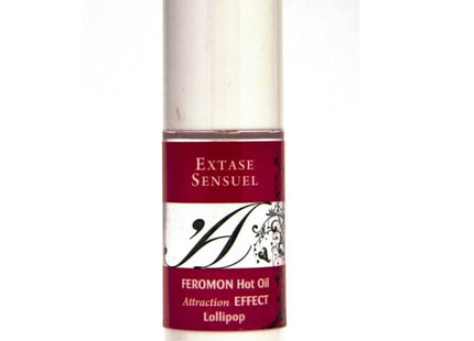 Ein eleganter weißer zylinderflasche extase sensuel massageöl mit wärmeeffekt und lollipop pheromonen maroon etikett