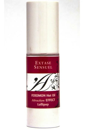 Ein eleganter weißer zylinderflasche extase sensuel massageöl mit wärmeeffekt und lollipop pheromonen maroon etikett