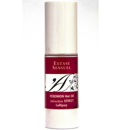 Ein eleganter weißer zylinderflasche extase sensuel massageöl mit wärmeeffekt und lollipop pheromonen maroon etikett